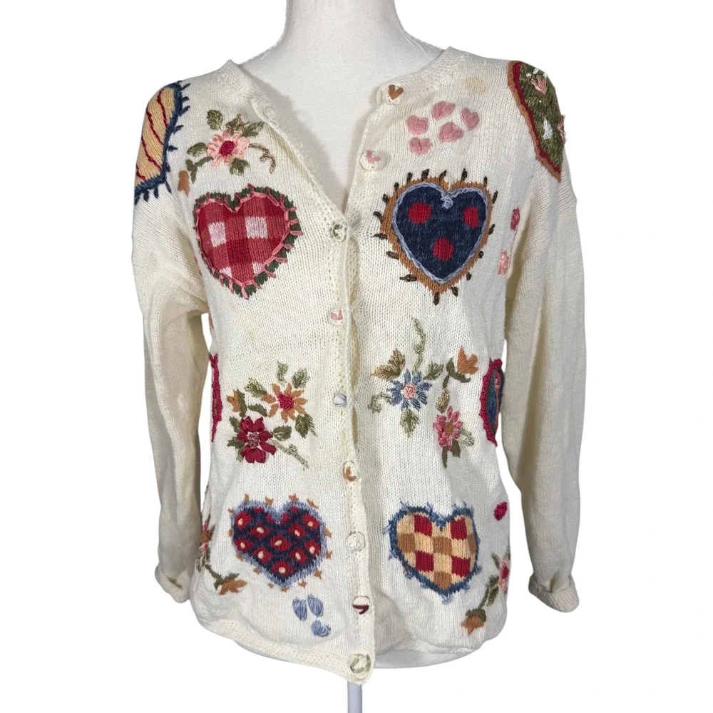 Tiara International Cardigan Womens‎ S Cream Embroidered Hearts Floral Vintage